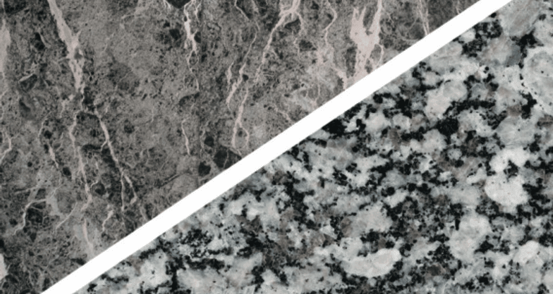 Marble has swirls, granite is grainy.